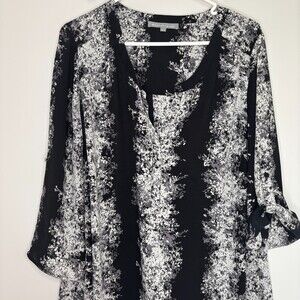 DANIEL RAINN V-Neck Tunic Womens 1X Black White Floral Flowy Roll Tab Sleeve